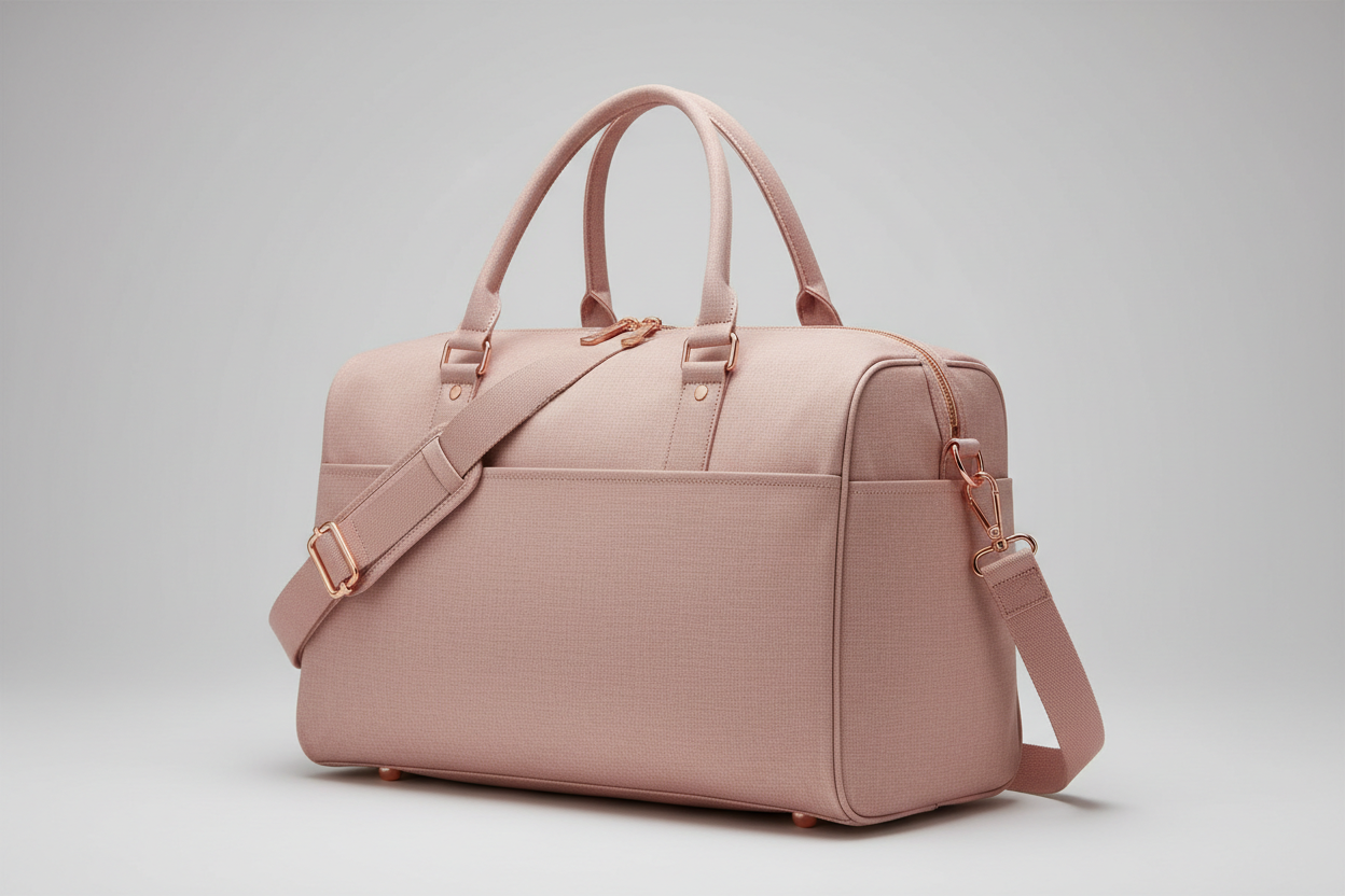 generate a weekender bag, like the weekender bag from beis brand , in light pink color